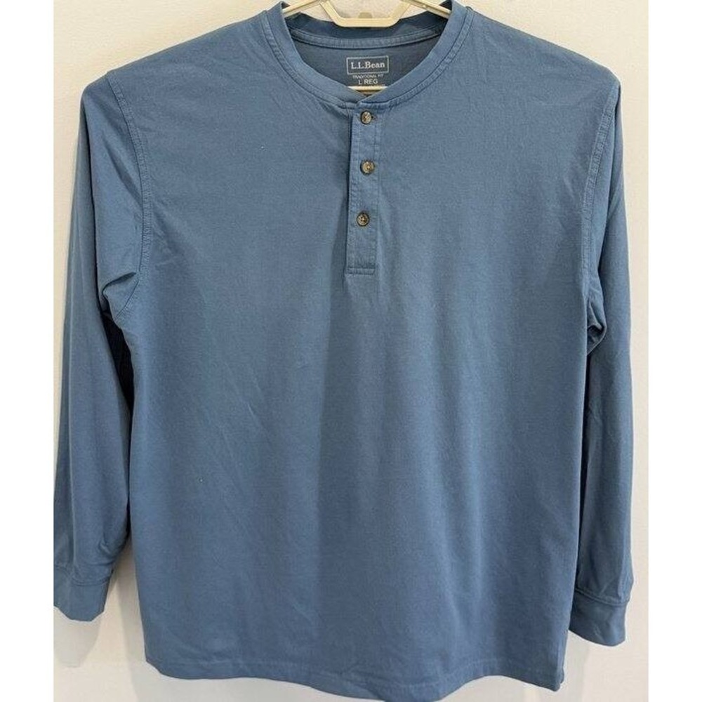LL Bean Mens Blue Long Sleeve Henley Shirt Size L Regular Traditional Fit Cotton
